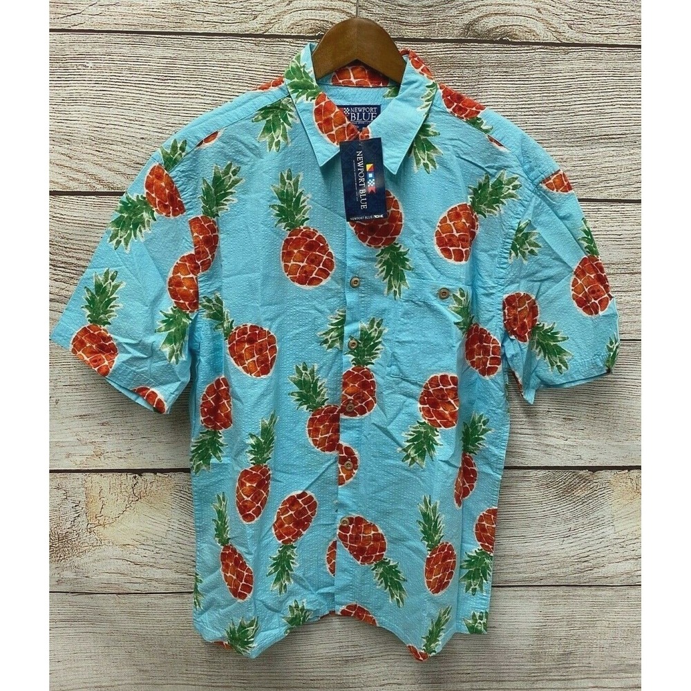 Newport Blue Shirt Mens Size Medium Textured Pineapple Button Down New DEFECTIVE